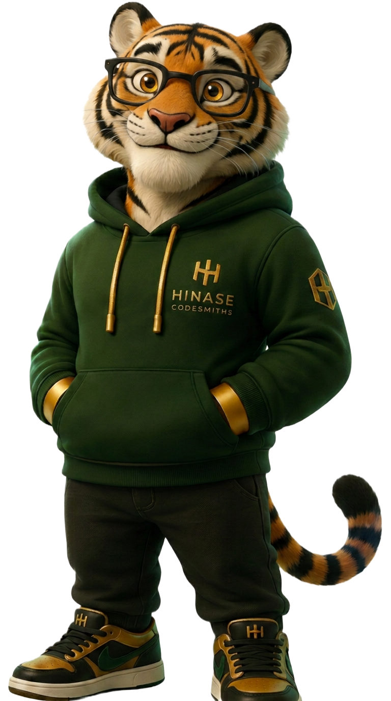 Hinase Codesmiths tiger mascot — the company's software engineer character